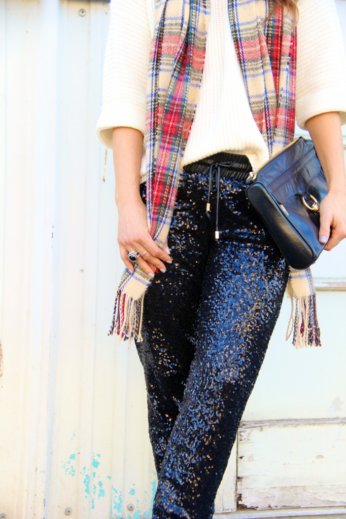 tartan scarf, sequin joggers 