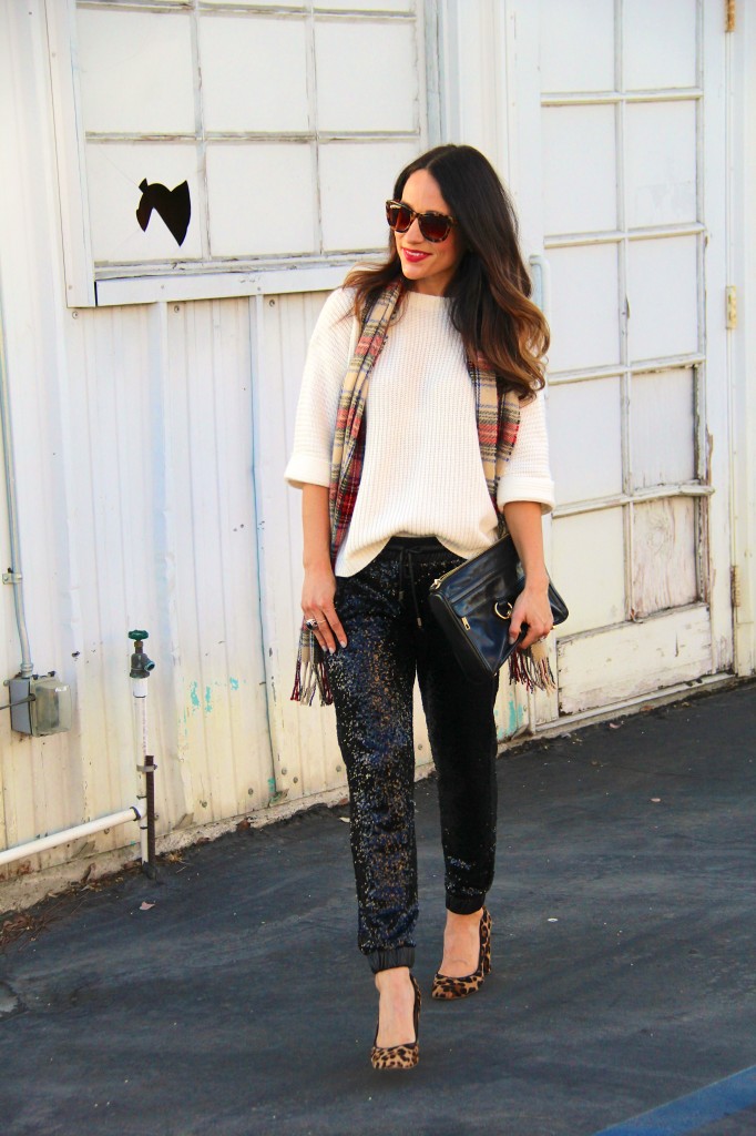 sequin joggers, tartan scarf