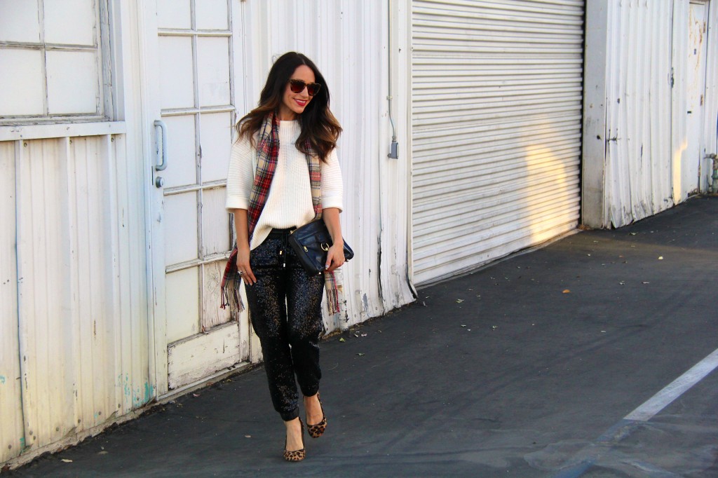 sequin joggers, tartan scarf, holiday dressing 