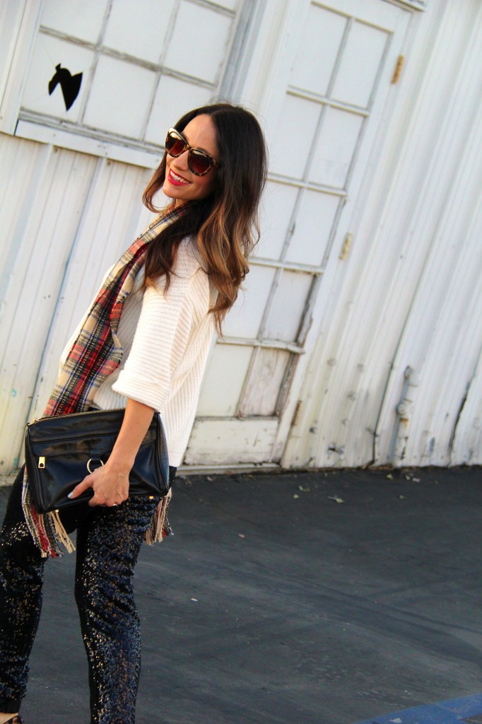 sequin joggers, tartan scarf