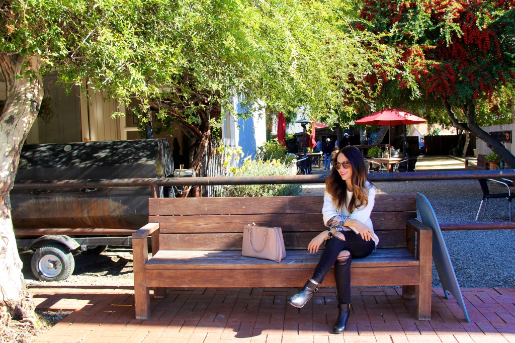 distressed denim, black booties 