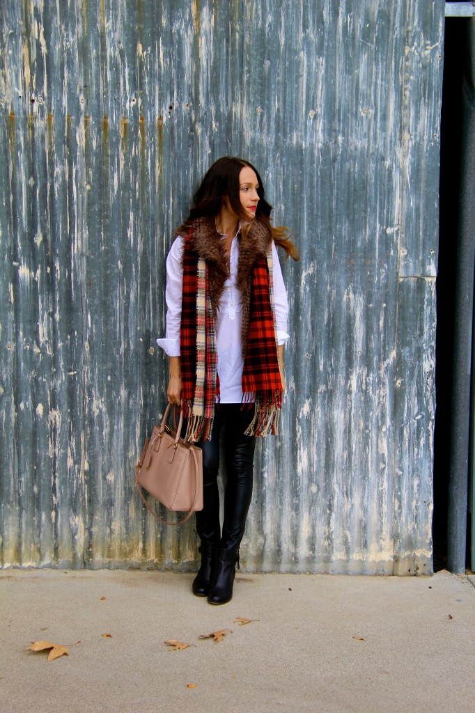 leather leggings, fur vest, plaid scarf