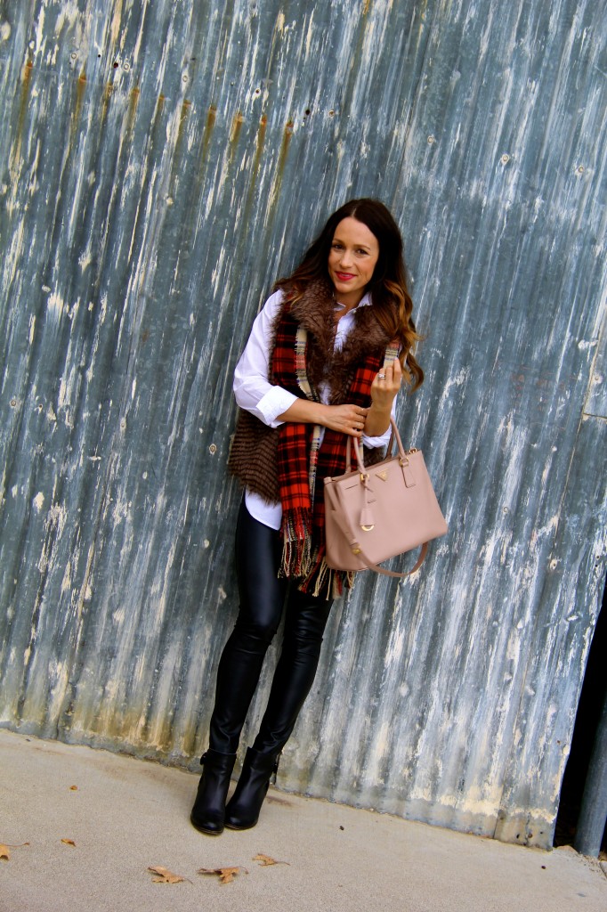 leather leggings, fur vest