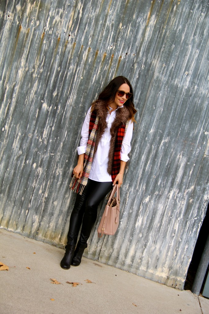 leather leggings, fur vest, plaid scarf