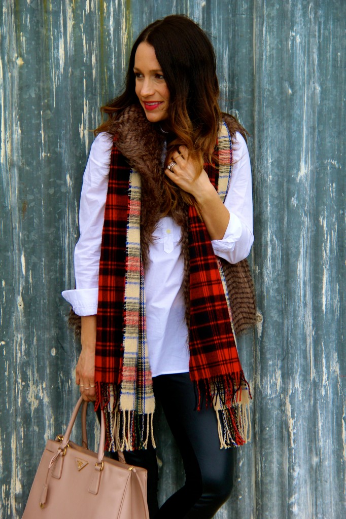 fur vest, plaid scarf