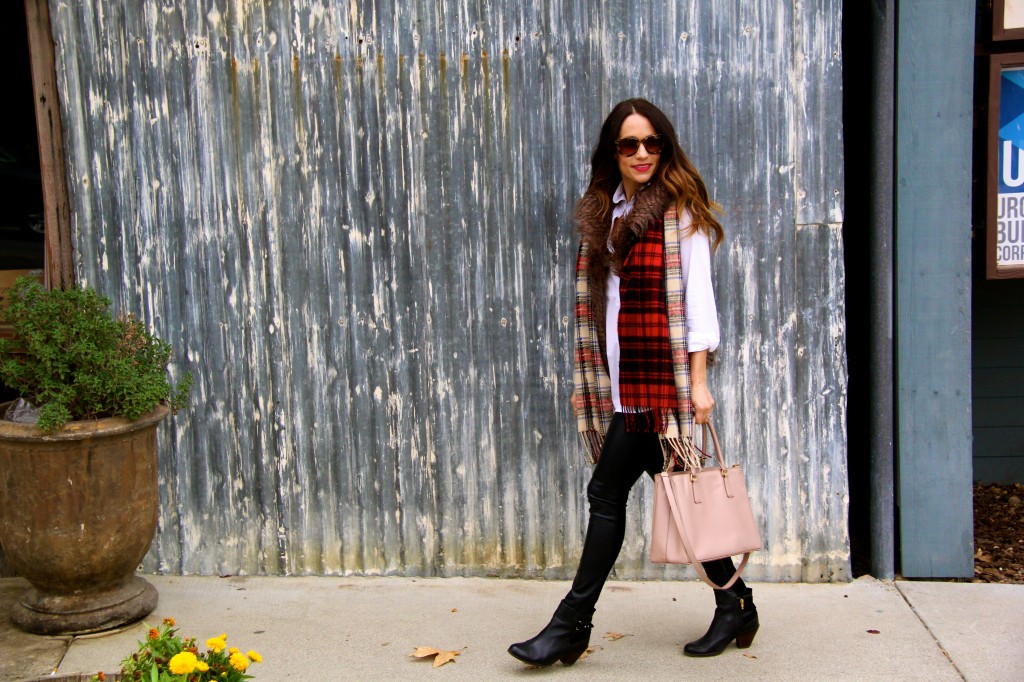 leather leggings, fur vest, plaid scarf 