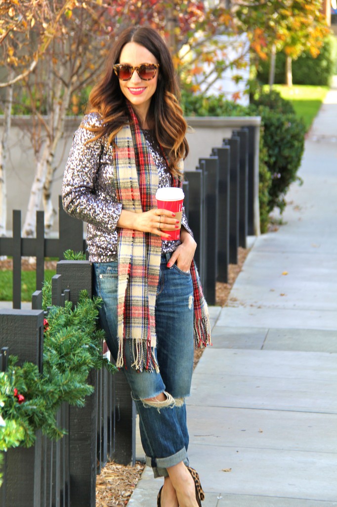 sequin top, boyfriend jeans, holiday outfits