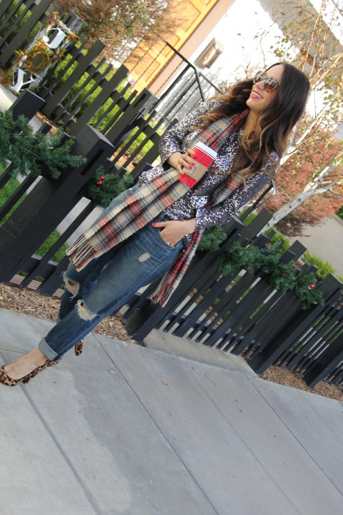 sequin top, boyfriend jeans 