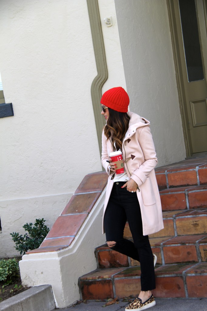 red beanie, leopard shoes, camel coat, itsybitsyindulgences