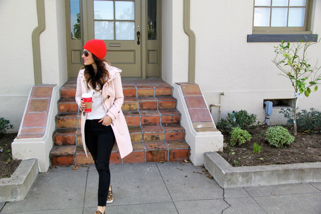 red beanie, toggle coat