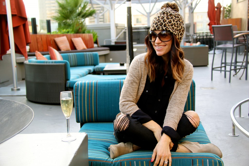 leopard beanie, distressed denim 