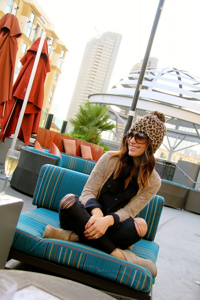 leopard beanie, distressed denim 