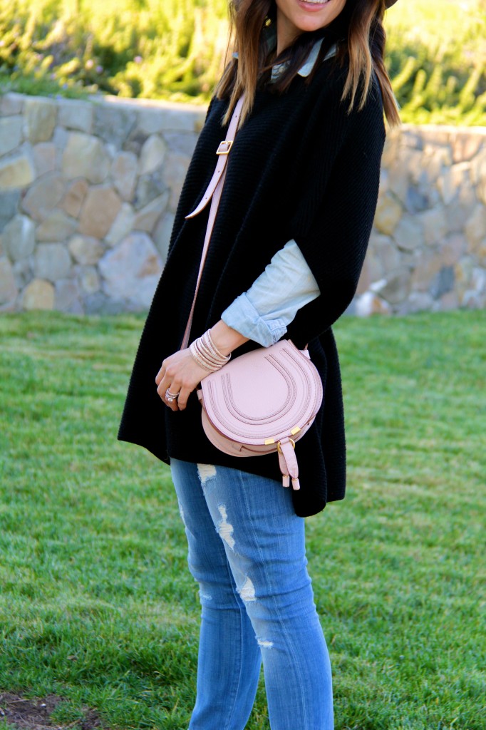 chloe purse, black poncho 