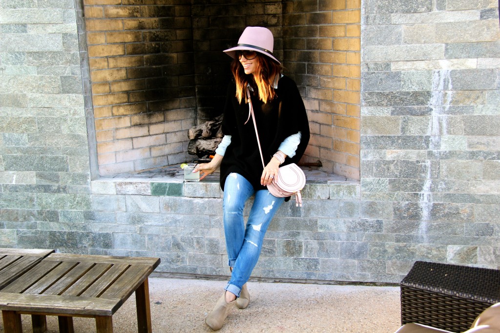 distressed denim, pink fedora 