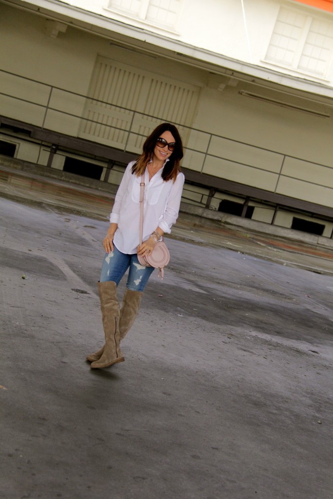 over the knee boots, distressed denim 