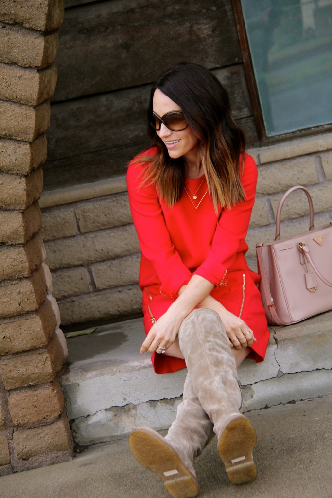 red dress, suede over the knee boots 