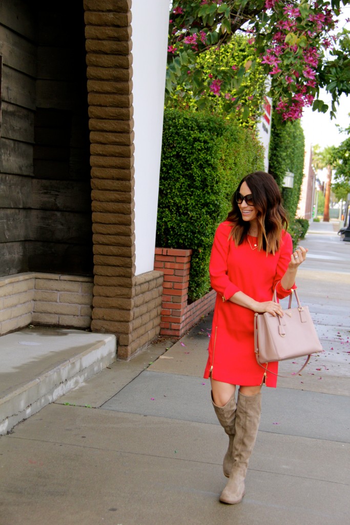 red dress, over the knee boots 