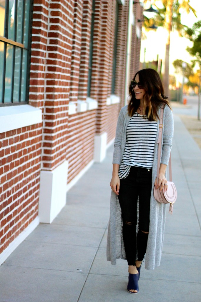 maxi sweater, distressed denim, mules