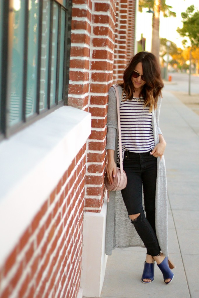 maxi cardigan, distressed denim, vince mules 