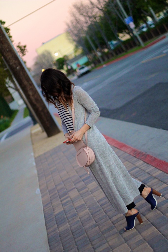 maxi duster cardigan, mules