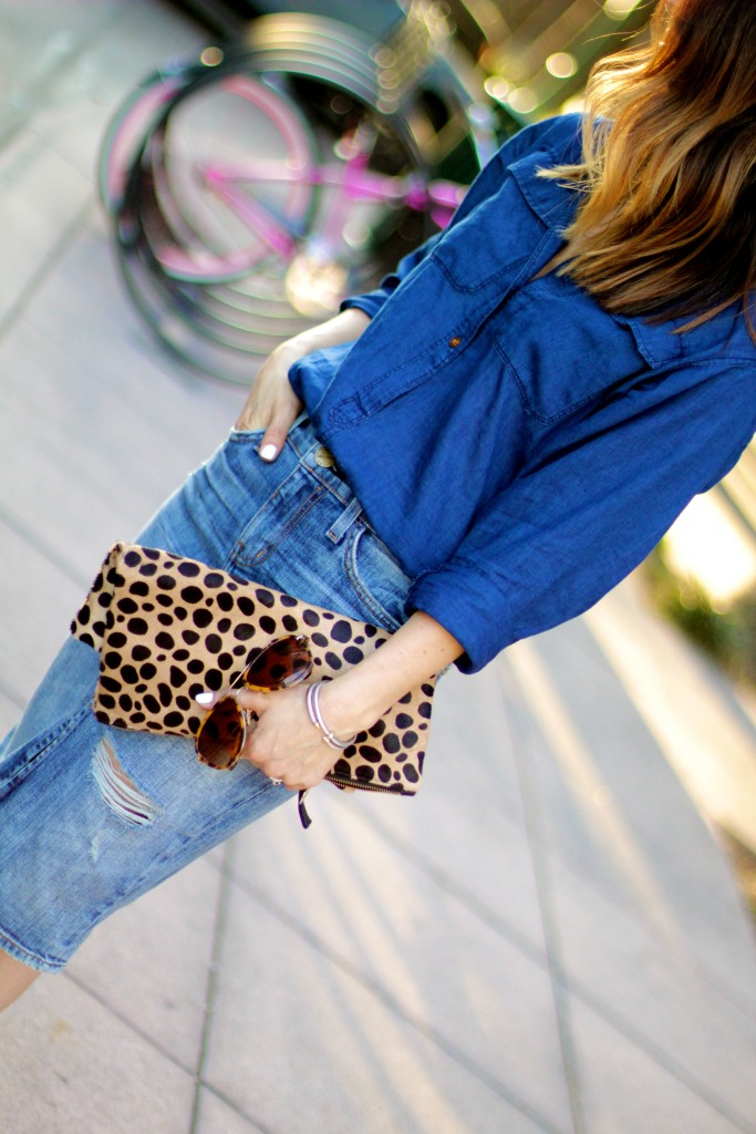 leopard clutch, denim skirt, itsy bitsy indulgences