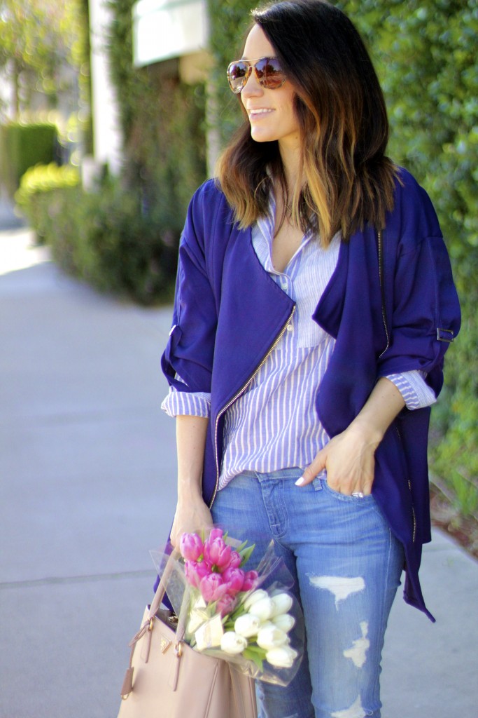 navy jacket, distressed denim 