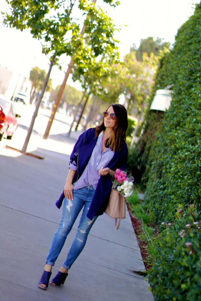 distressed denim, navy vince mules 