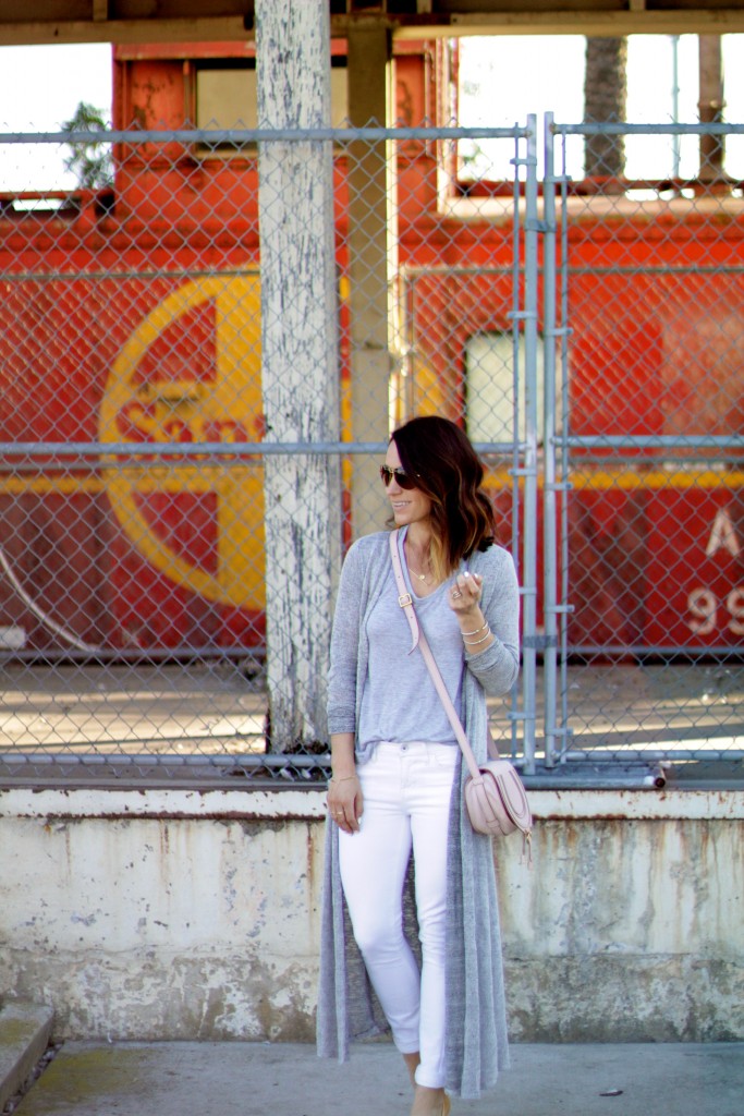 duster sweater, white denim