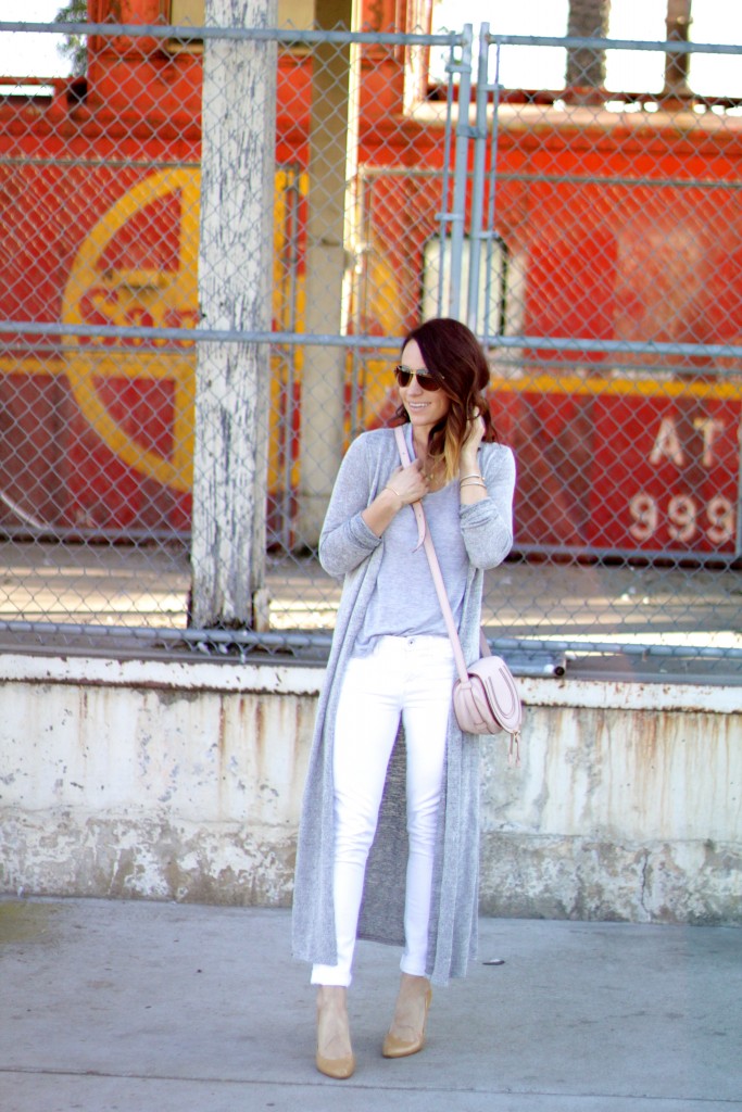 white and grey, duster sweater, white denim 