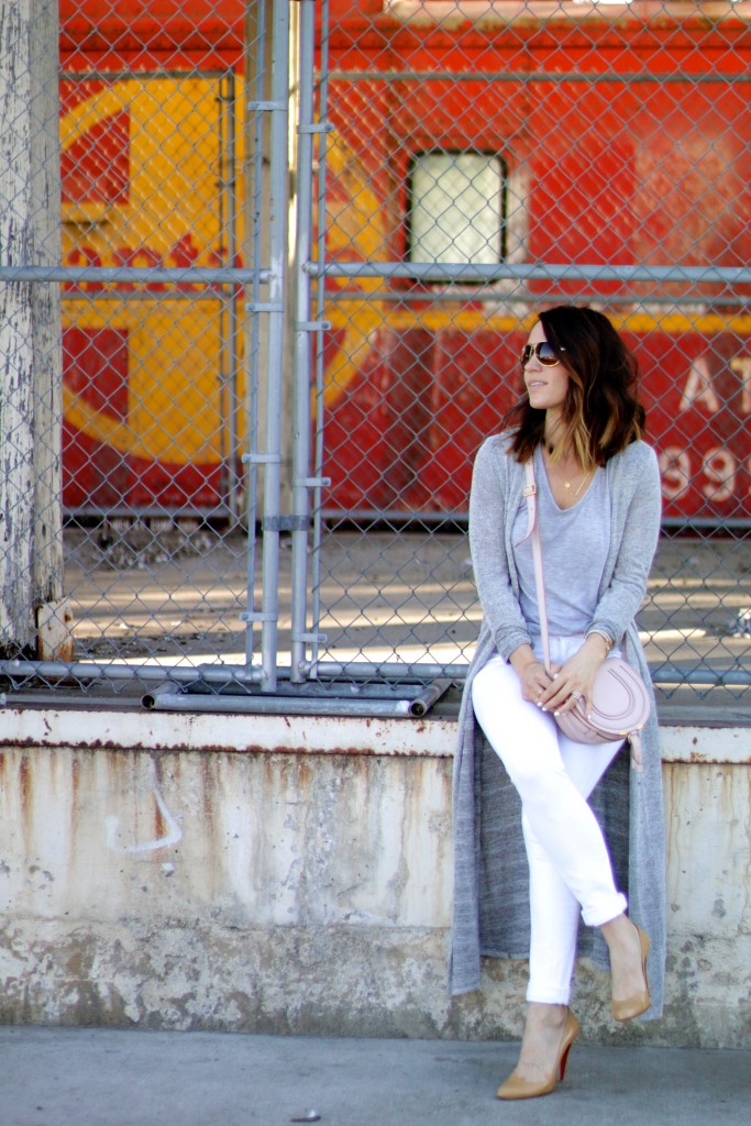 white denim, duster sweater 