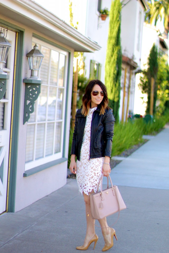 white lace dress, black leather jacket 