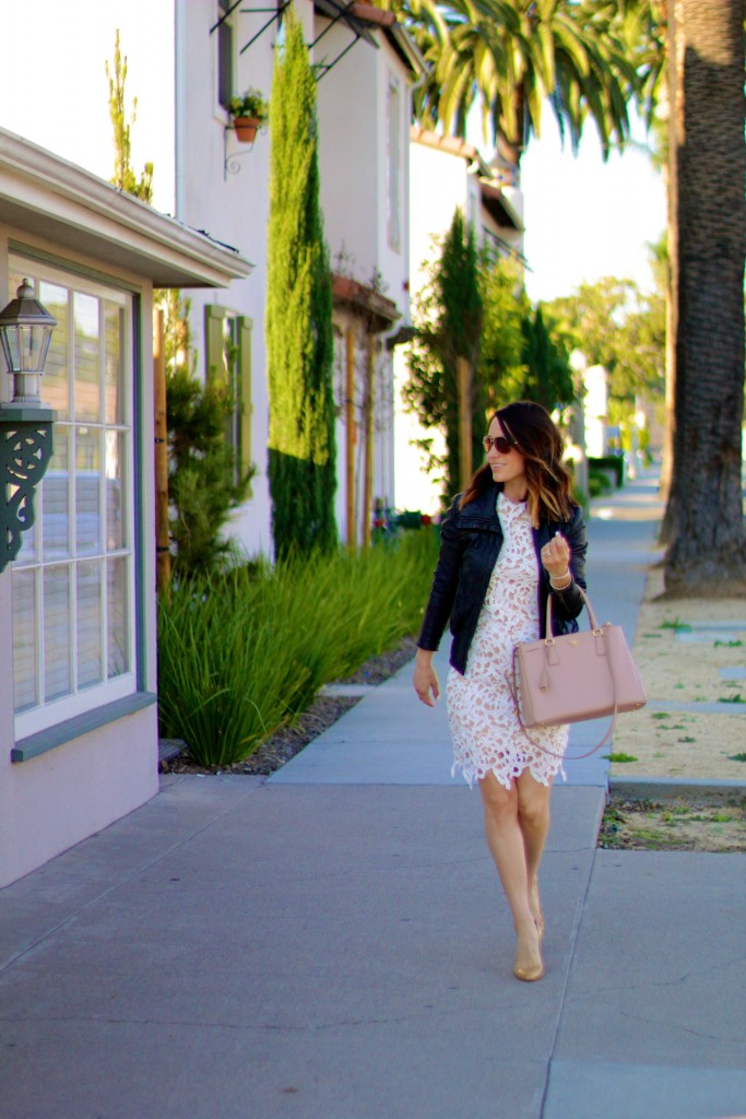 white lace dress, leather jacket 