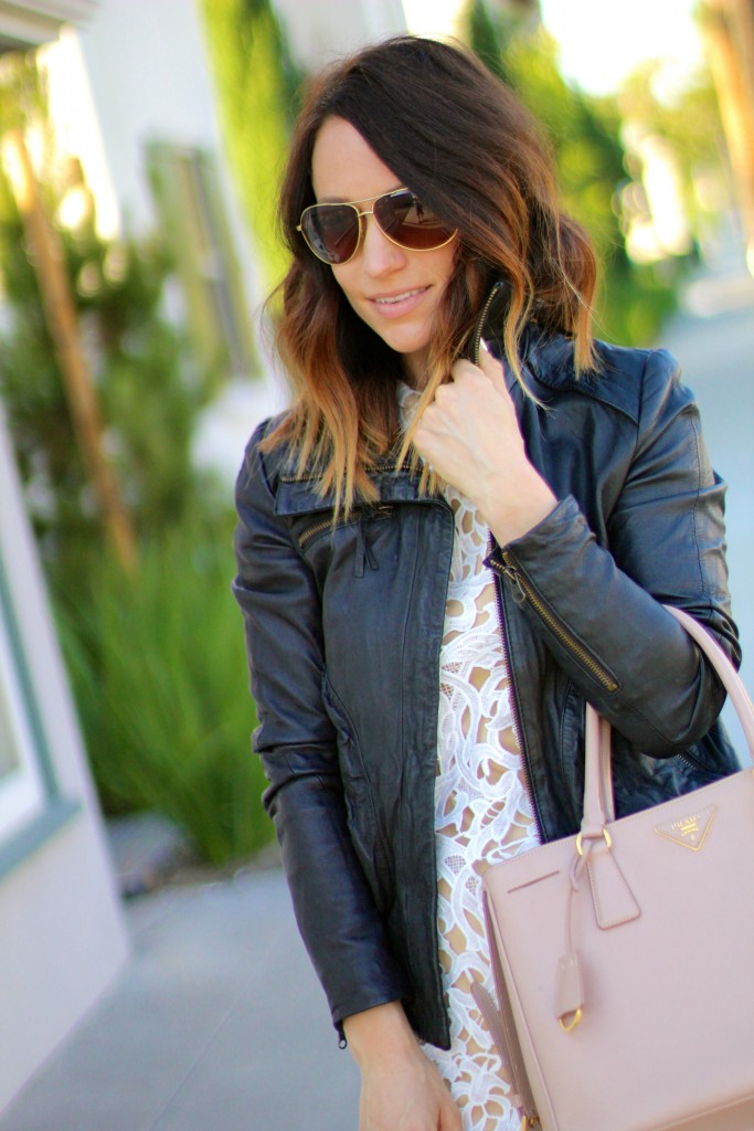 white lace, leather jacket 