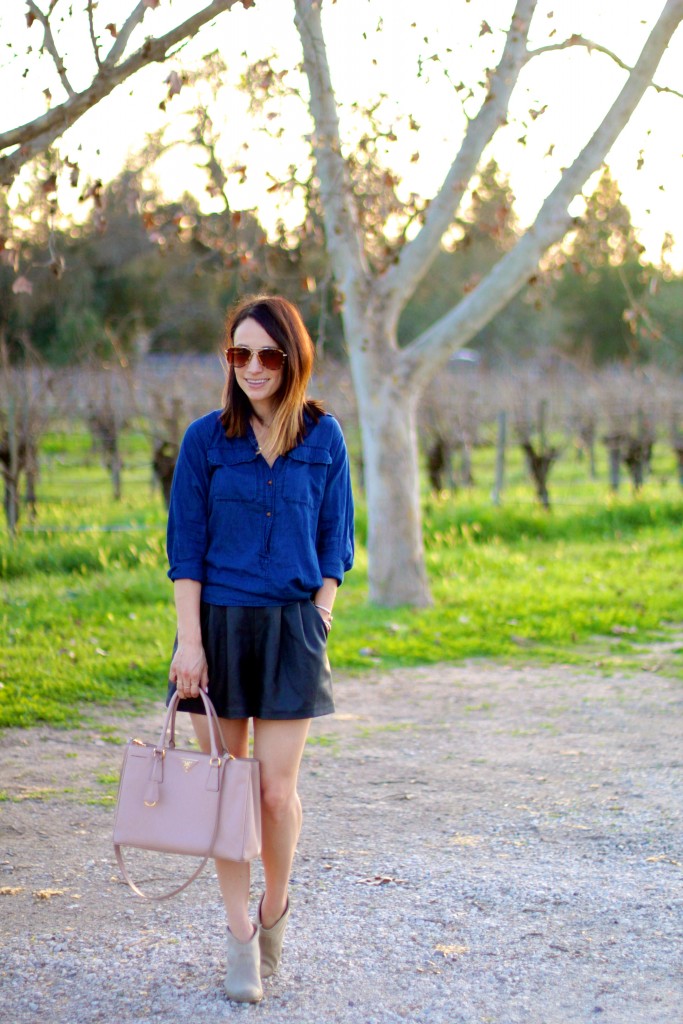 leather shorts, chambray top