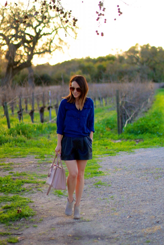 leather shorts, chambray top