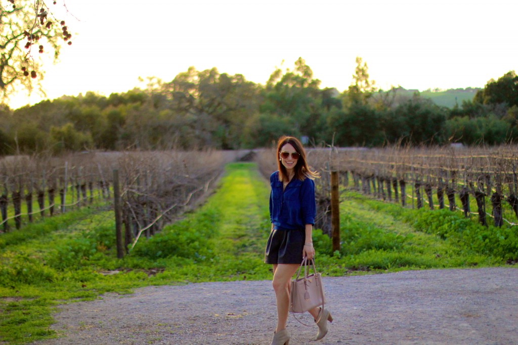 leather shorts, chambray top