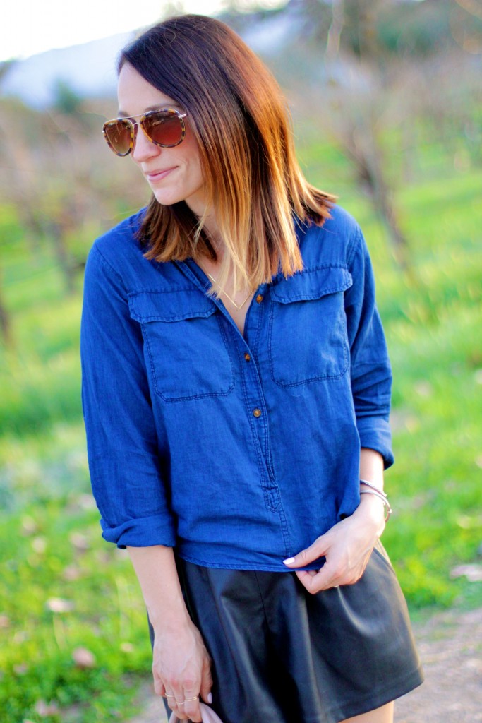 leather shorts, chambray top