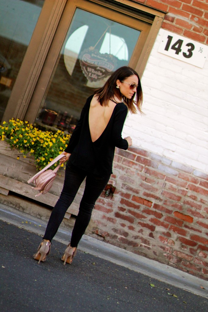 backless top, all black outfit