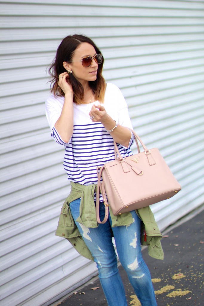 stripe jcrew top, distressed denim 