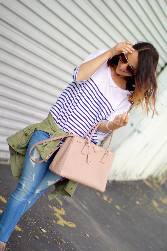 stripe jcrew top, distressed denim 