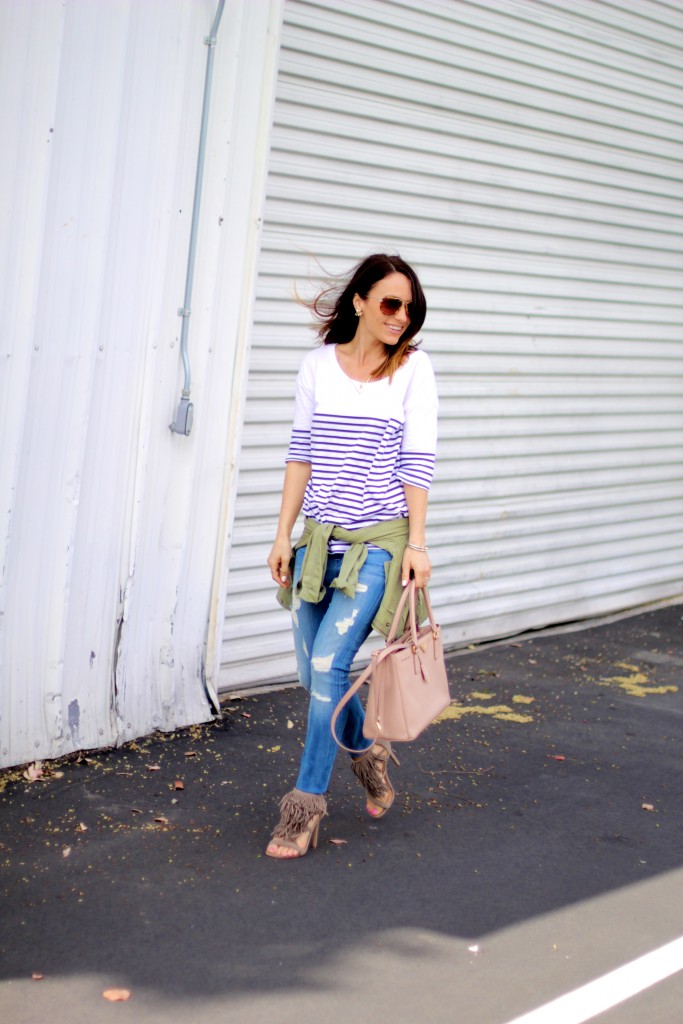 distressed denim, j. crew stripe top, steve madden fringe sandals 