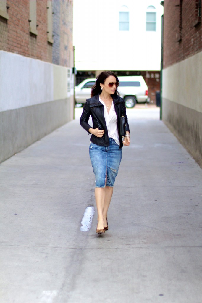 denim skirt, leather jacket 