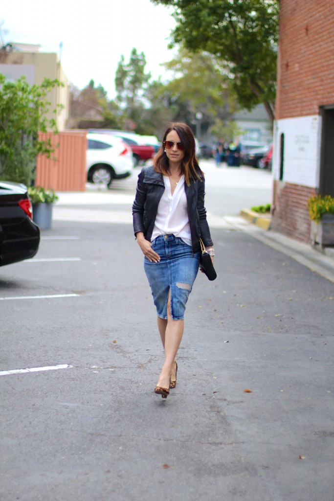 denim skirt, leather jacket 