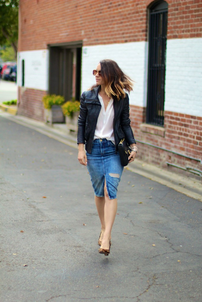 denim skirt, leather jacket 