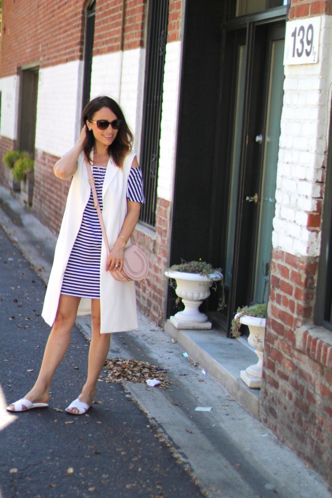 stripe dress, white vest, spring dressing, itsy bitsy indulgences 