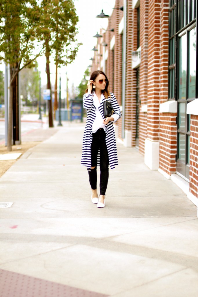 black and white duster sweater, distressed black denim