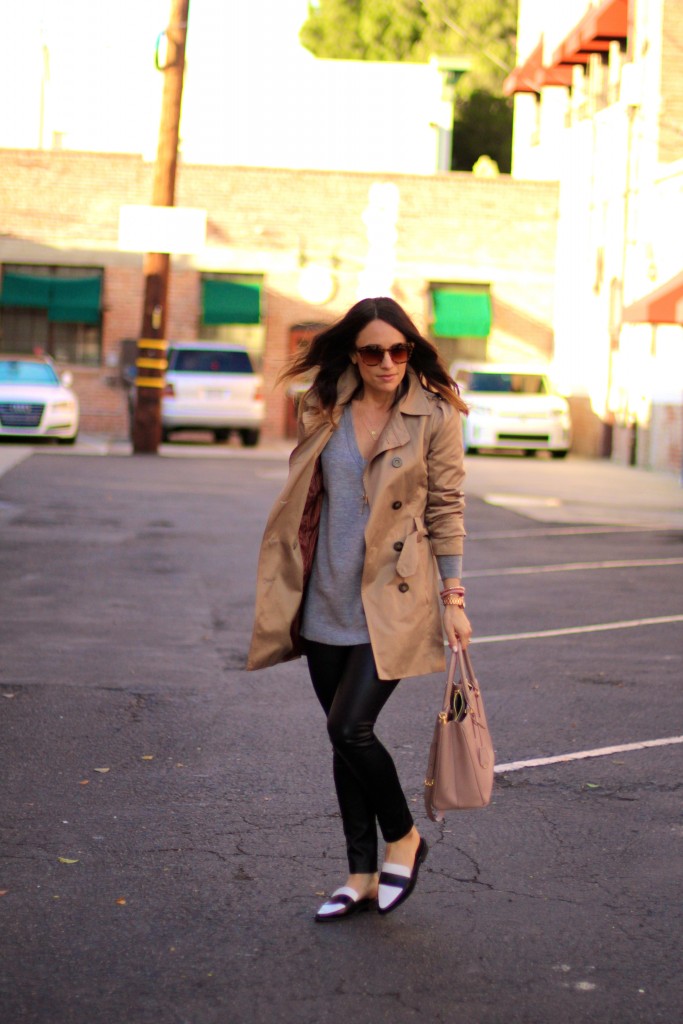 trench coat, wardrobe stable, black and white mules