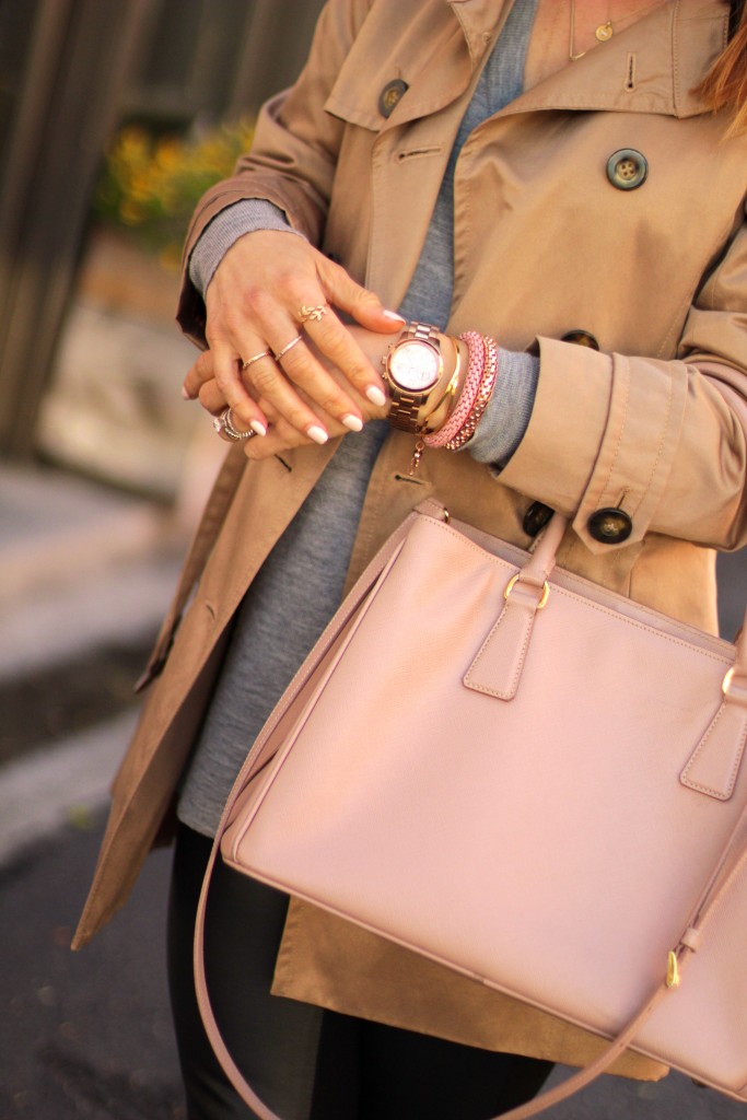 gold and blush jewelry, accessories, trench coat 