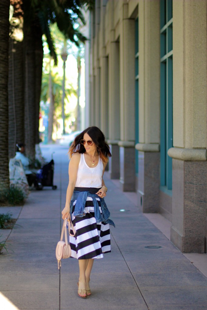 black and white stripe skirt, street style 