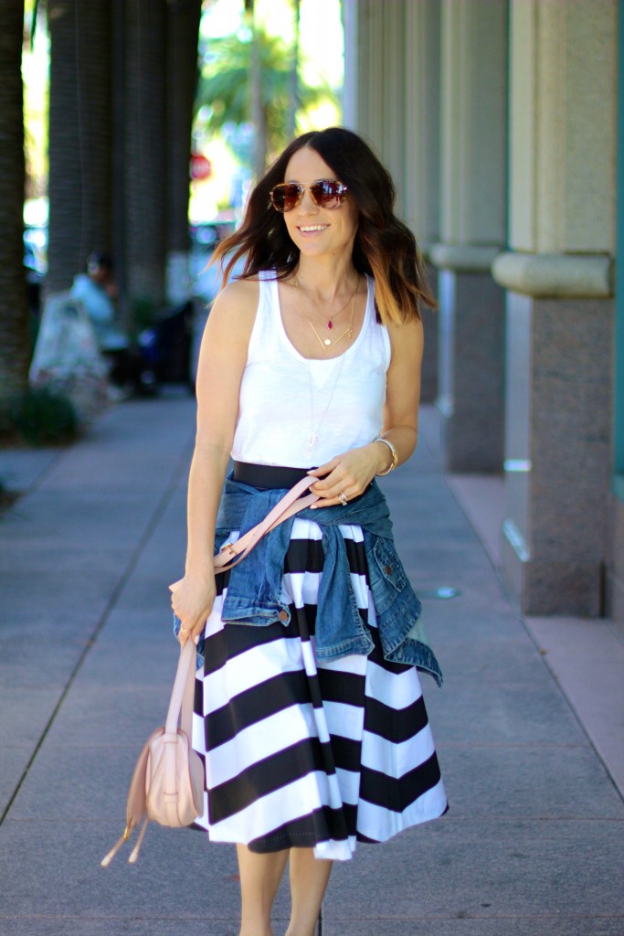 black and white stripe shabby apple full skirt, spring outfit 